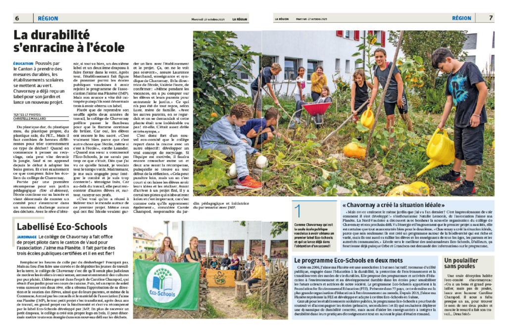 Notre programme Eco-schools était à l’honneur dans les pages du quotidien Nord Vaudois La Région